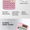 A pink advanced scientific calculator with a large screen and sliding hard cover.