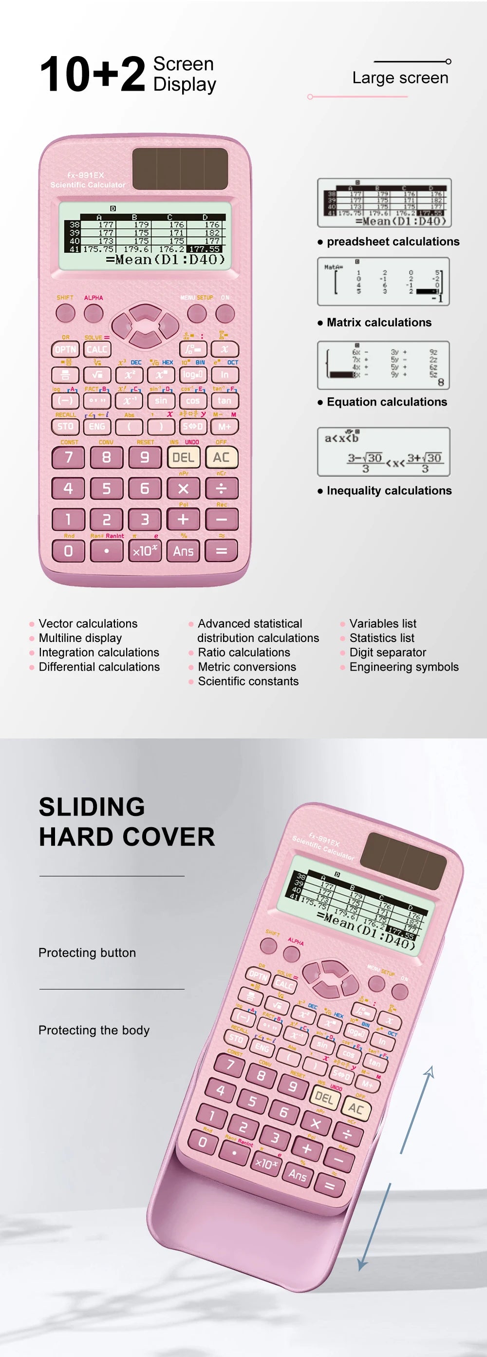A pink advanced scientific calculator with a large screen and sliding hard cover.