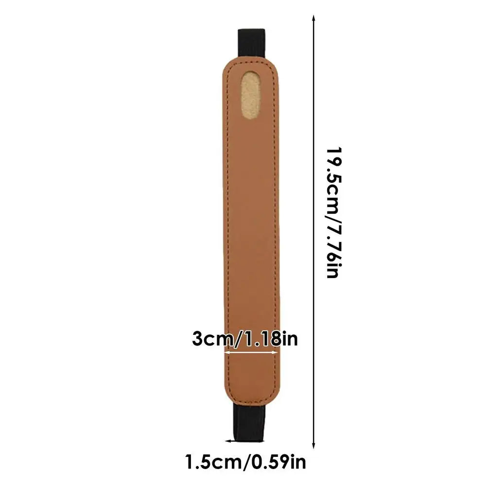 A vertical view of a brown leather protective case for tablet stylus pens, showing its dimensions.
