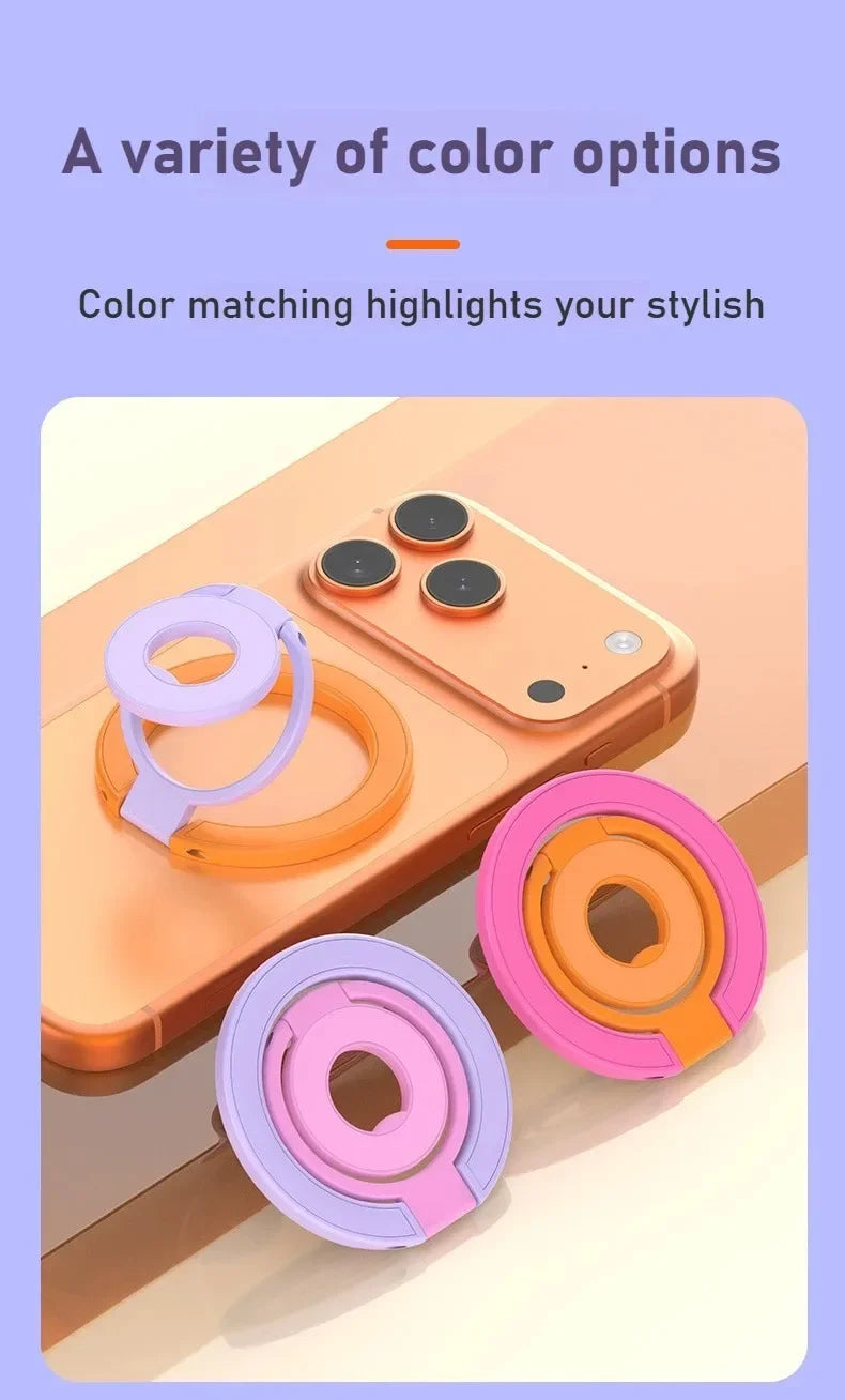 Various colored magnetic ring grips and foldable kickstands for MagSafe phones displayed on an orange phone.