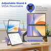 An adjustable stand and VESA mountable 14-inch dual screen portable monitor displayed on a desk.