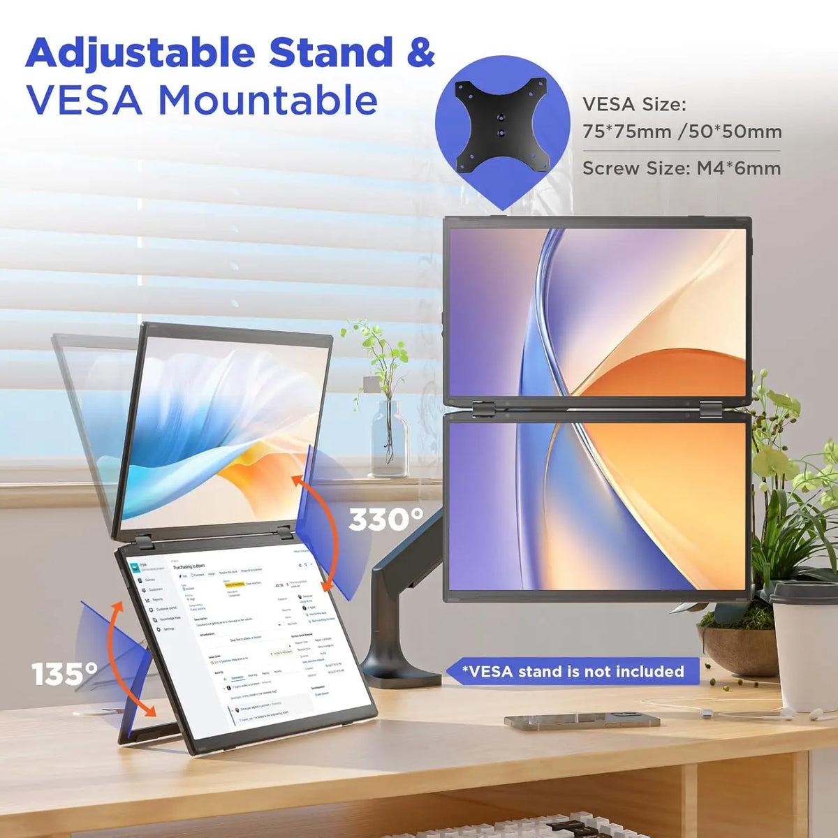 An adjustable stand and VESA mountable 14-inch dual screen portable monitor displayed on a desk.