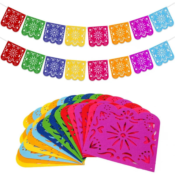 Colorful papel picado banner featuring intricate cut paper designs in various bright colors