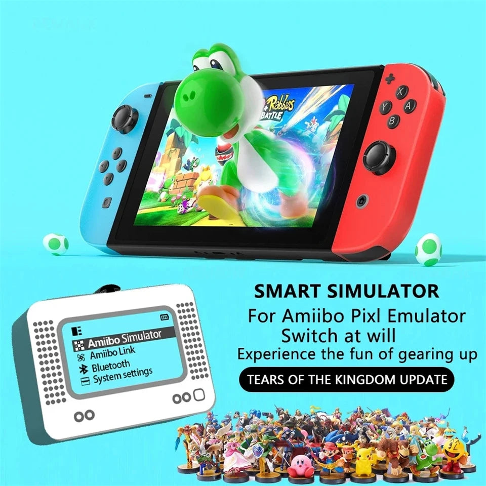 A digital emulator device for playing Amiibo games on a Switch, shown next to a green dinosaur figure.