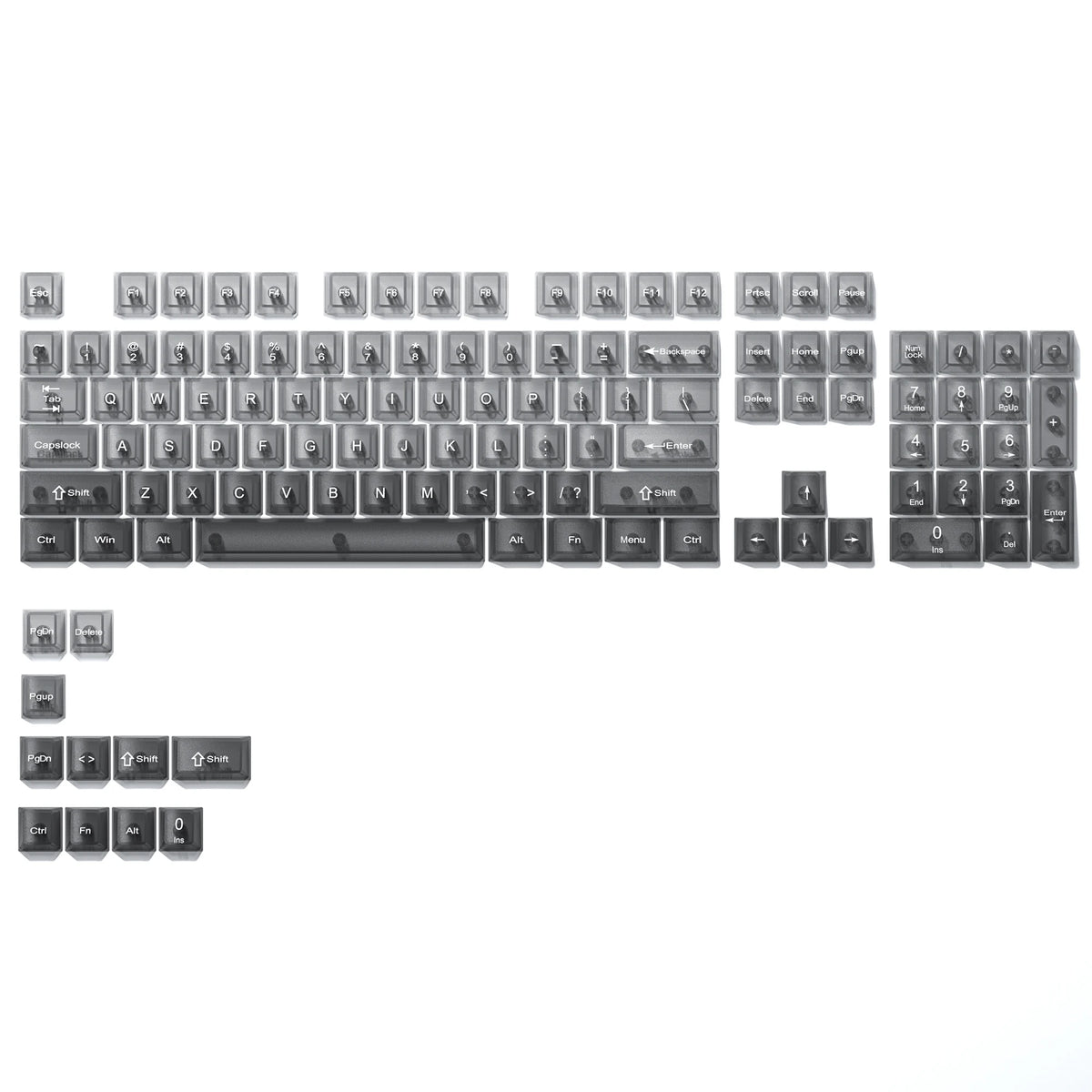 A close-up view of crystal clear RGB keycaps for a mechanical keyboard.