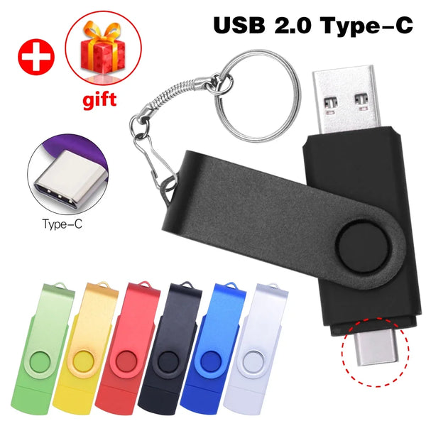 A set of USB 2.0 Type-C flash drives with metal bodies and a keyring.