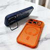 An orange phone case with a built-in camera bracket and lens cover is shown next to a dark blue MagSafe-compatible phone case