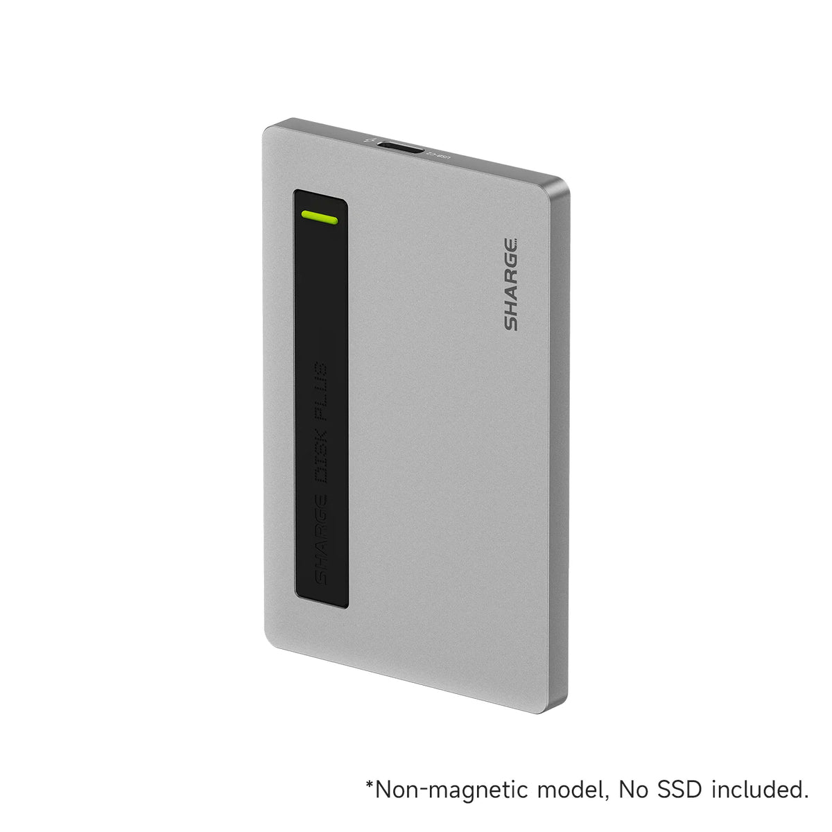 Silberner tragbarer NVMe SSD-Gehäuse mit grünem Lichterindikator