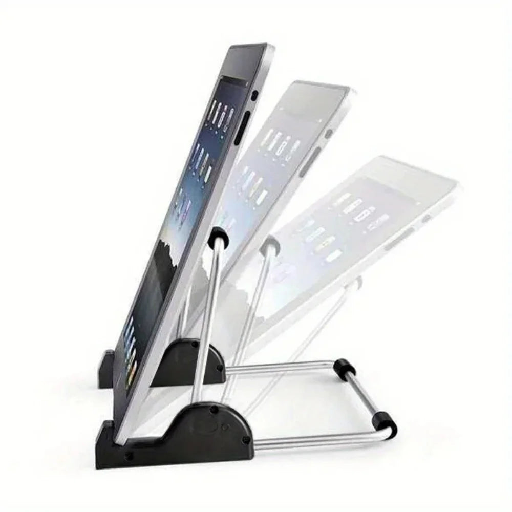 A foldable aluminum tablet and laptop stand displaying multiple devices.