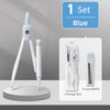 A set of blue precision measuring tools including a stand and six lead refills stored in a box.