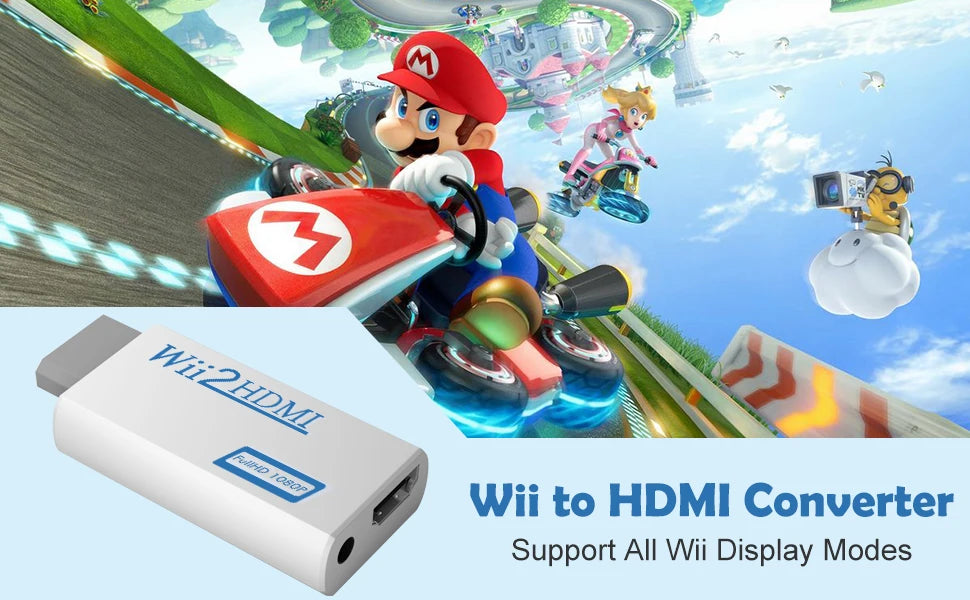 A white Wii to HDMI converter adapter is shown next to a colorful image of a Mario character playing.