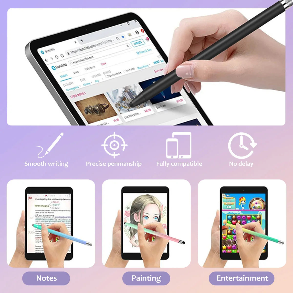 A hand holds a black stylus pen writing on an iPad screen, demonstrating smooth writing and precision.