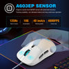 A white gaming mouse is shown in a close-up, being used on a dark surface with RGB light effects.
