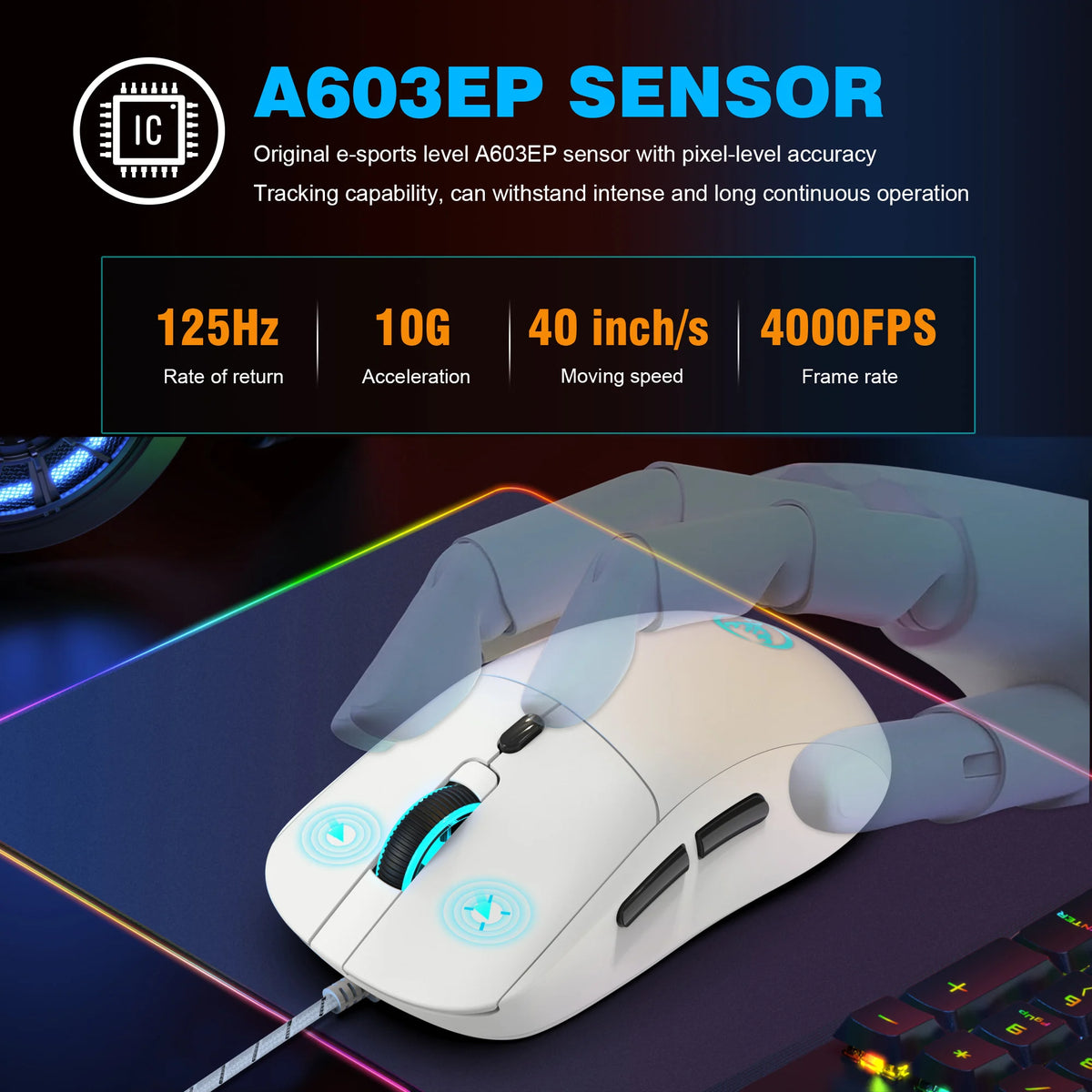 A white gaming mouse is shown in a close-up, being used on a dark surface with RGB light effects.