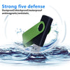 A black and lime green rotatable USB flash drive is shown being splashed by water.