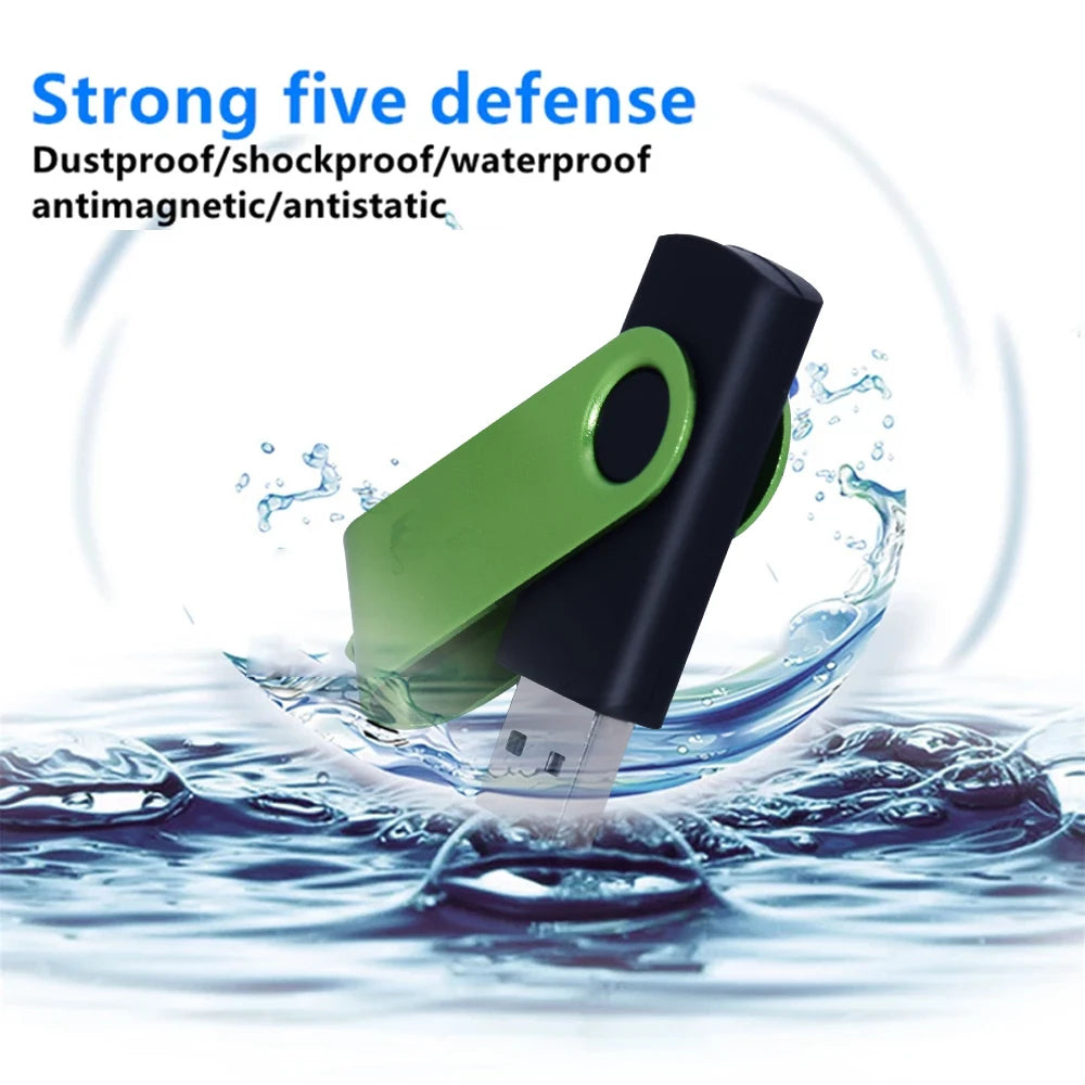 A black and lime green rotatable USB flash drive is shown being splashed by water.