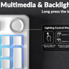 A close-up of a white mechanical keyboard showing lighting effects and multimedia controls.