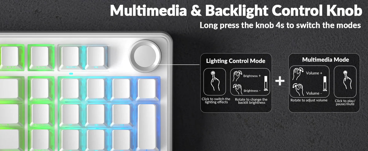 A close-up of a white mechanical keyboard showing lighting effects and multimedia controls.