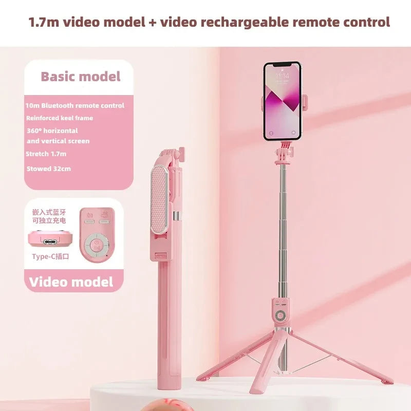 A pink 1.7m video model selfie stick with a smartphone attached, featuring a Bluetooth remote control and LED light.