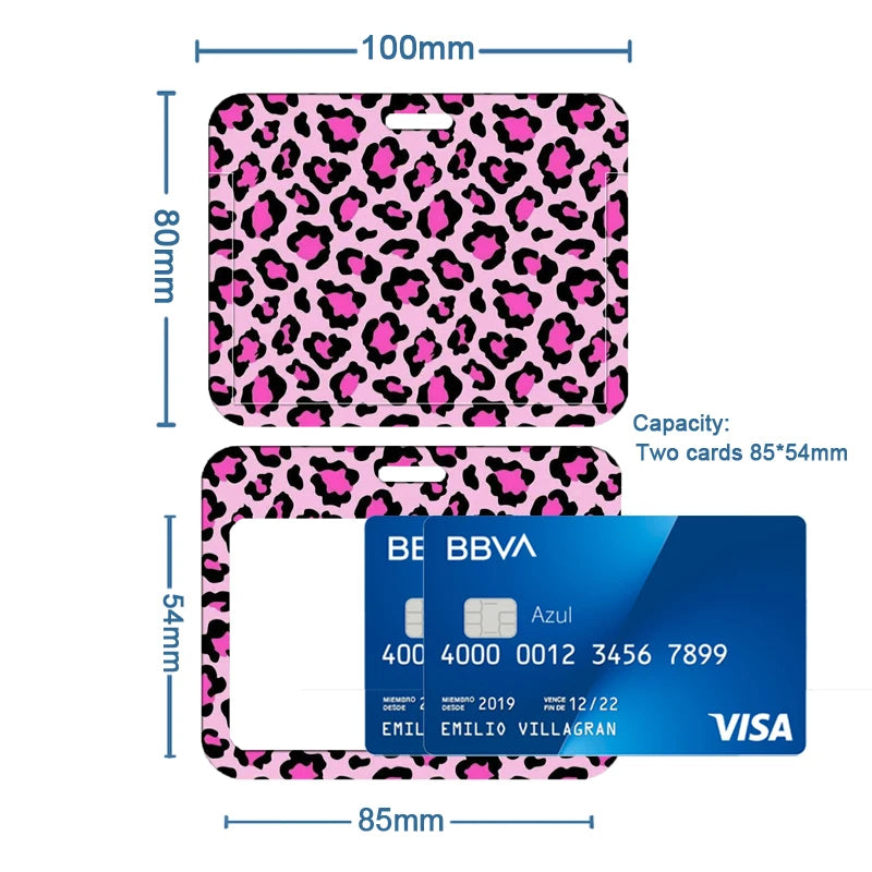 A pink leopard print retractable badge holder with a blue card inside.