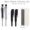 A set of six black and silvery metal carpenter pencils with built-in sharpener caps and a box.