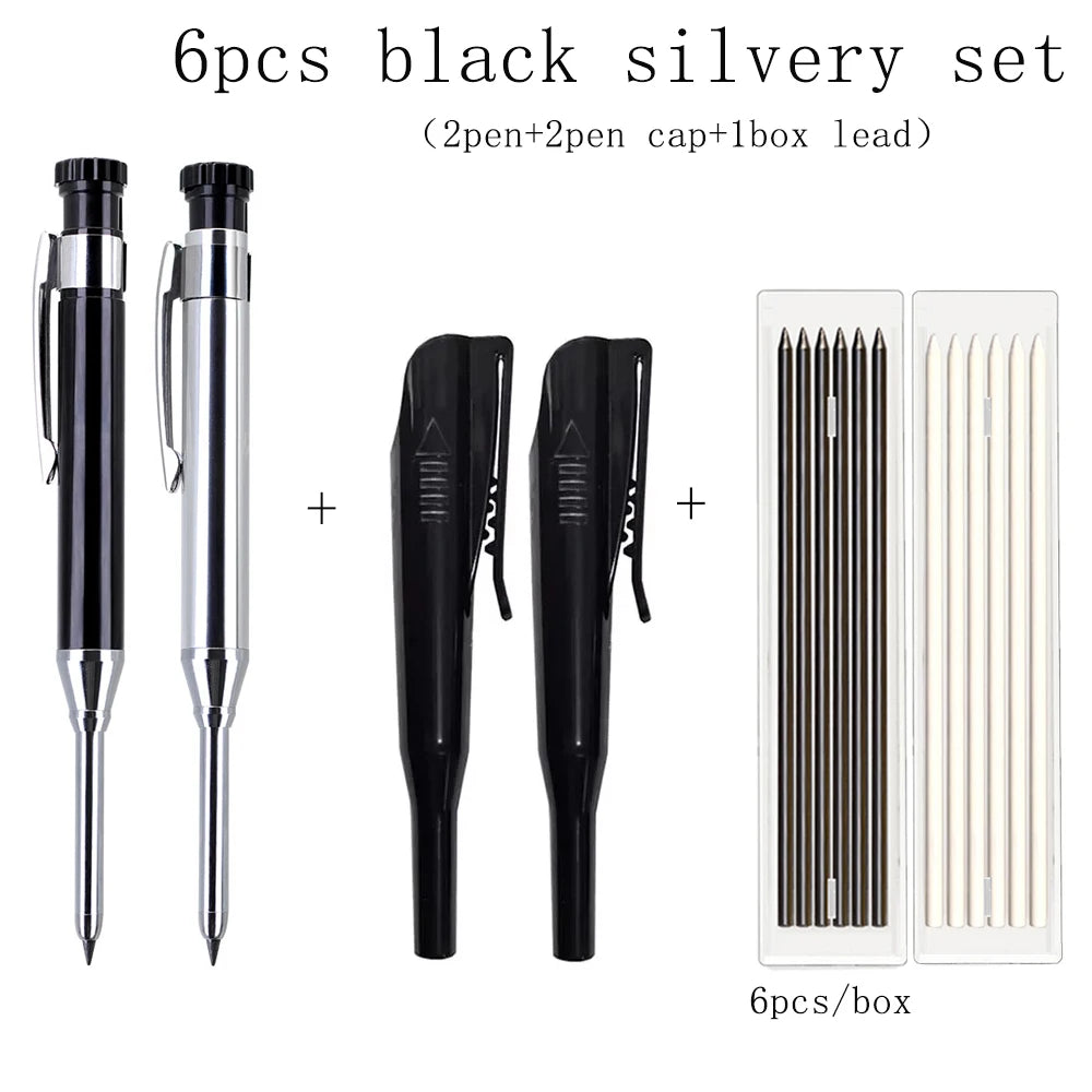 A set of six black and silvery metal carpenter pencils with built-in sharpener caps and a box.