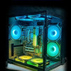 A transparent PC case showcasing an ARGB cooling fan setup with glowing blue and green lights.