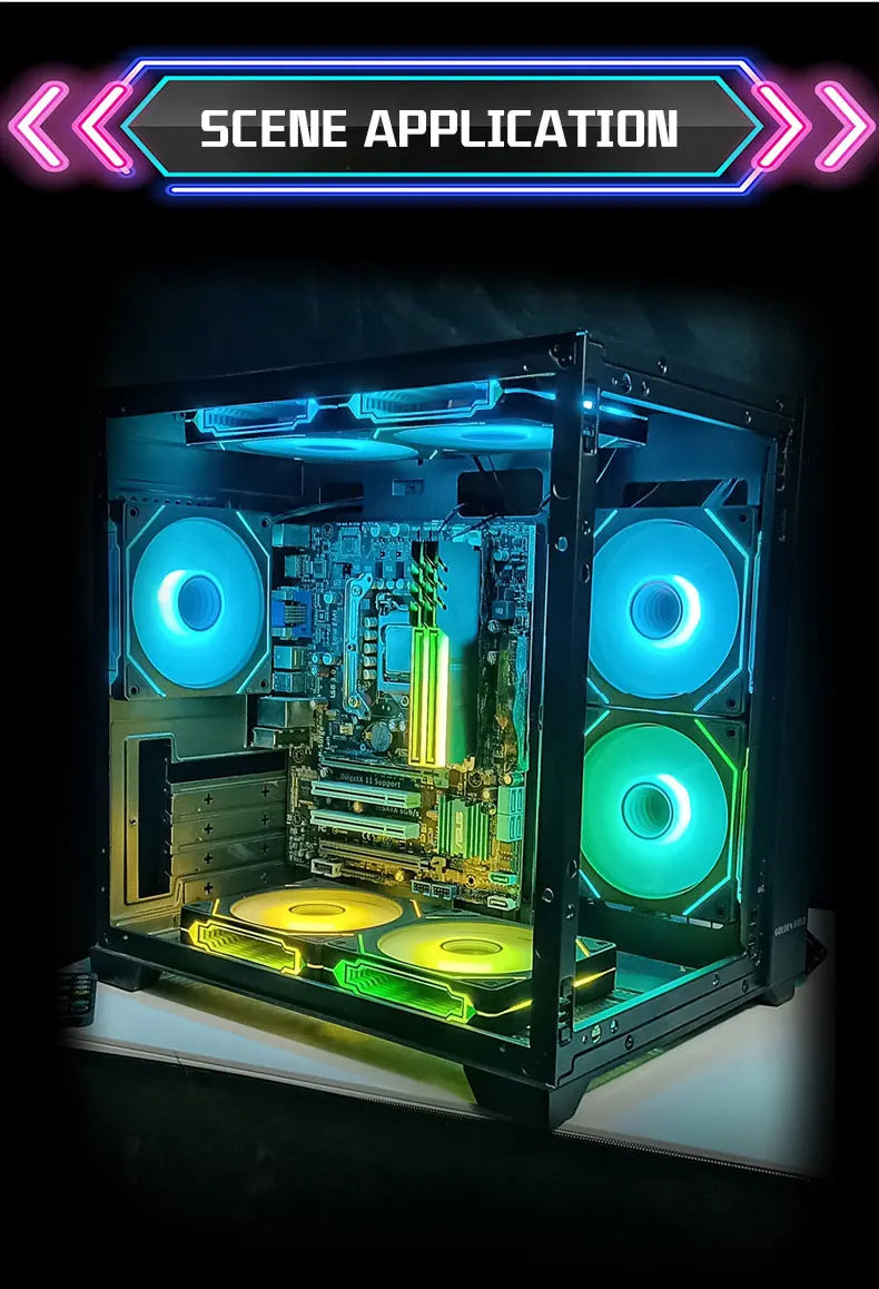 A transparent PC case showcasing an ARGB cooling fan setup with glowing blue and green lights.