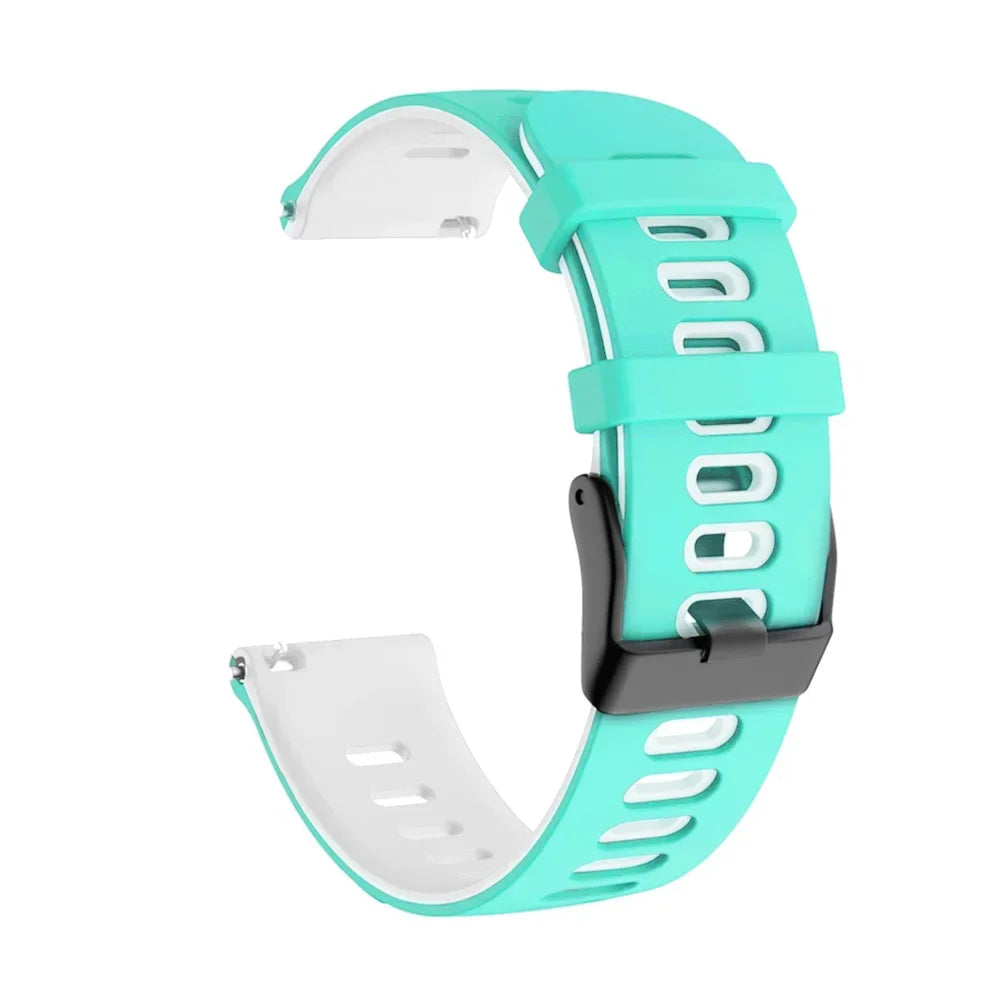 A turquoise silicone watch band for a smartwatch, shown from the side.