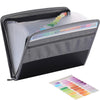A black expandable multi-pocket document folder with clear plastic sleeves and colored tabs is shown.