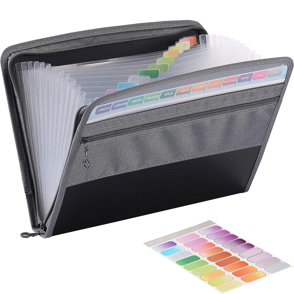 A black expandable multi-pocket document folder with clear plastic sleeves and colored tabs is shown.