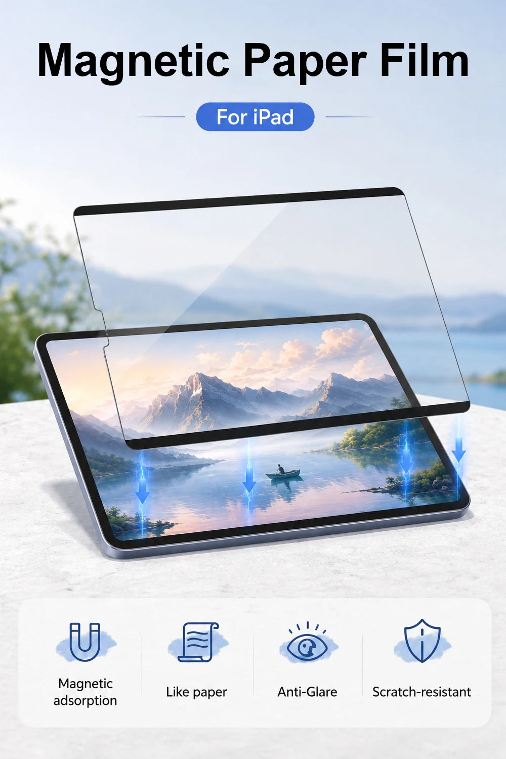 Una película de papel magnética clara se aplica a un iPad que muestra un paisaje escénico.