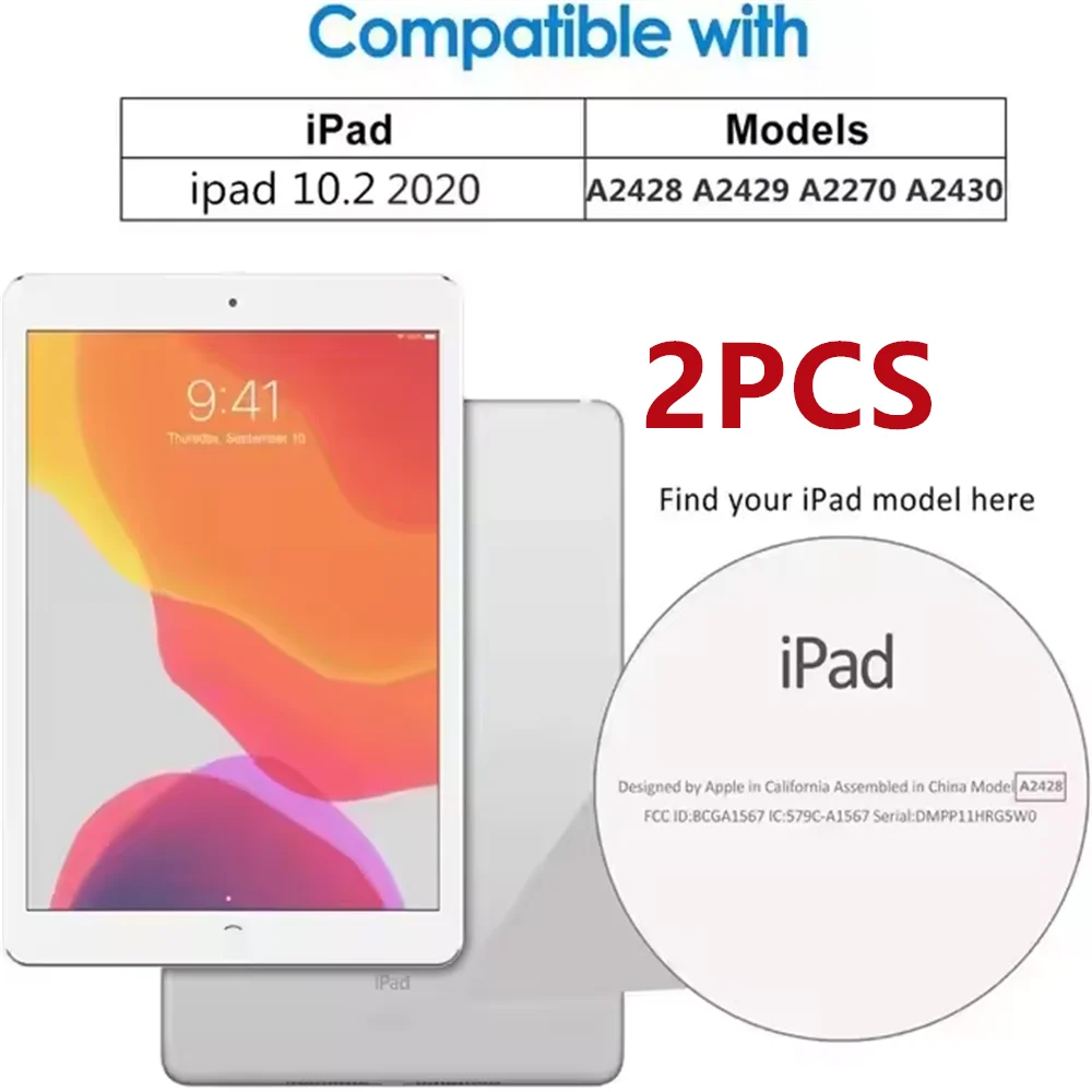 A package showing a 9H tempered glass screen protector for iPad, compatible with specific models.