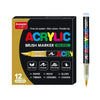 A set of 12 Golden acrylic brush markers with various colors and tips for art and crafting.