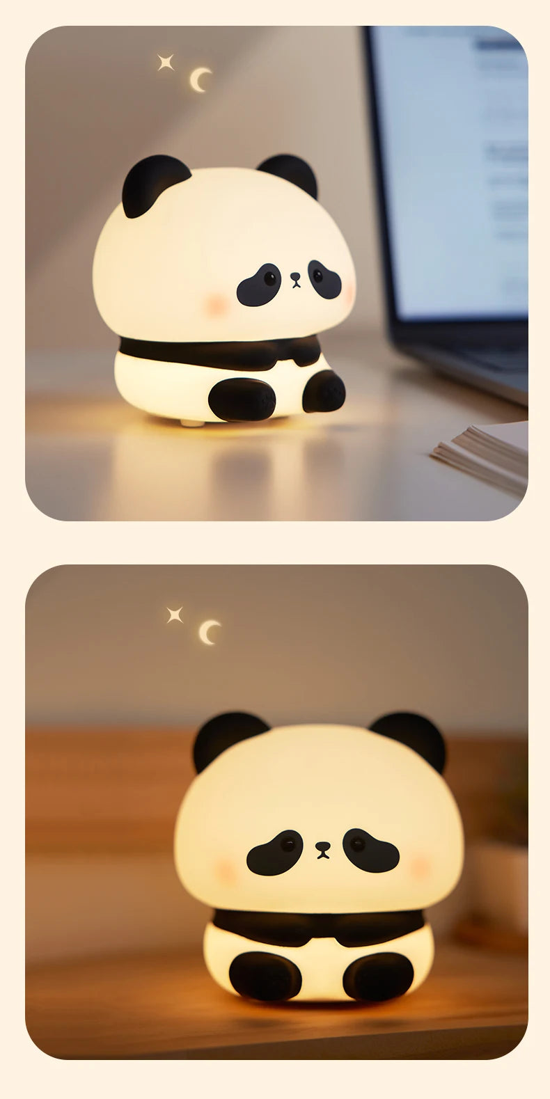 A white and black panda silicone night light with touch control sitting on a wooden surface.