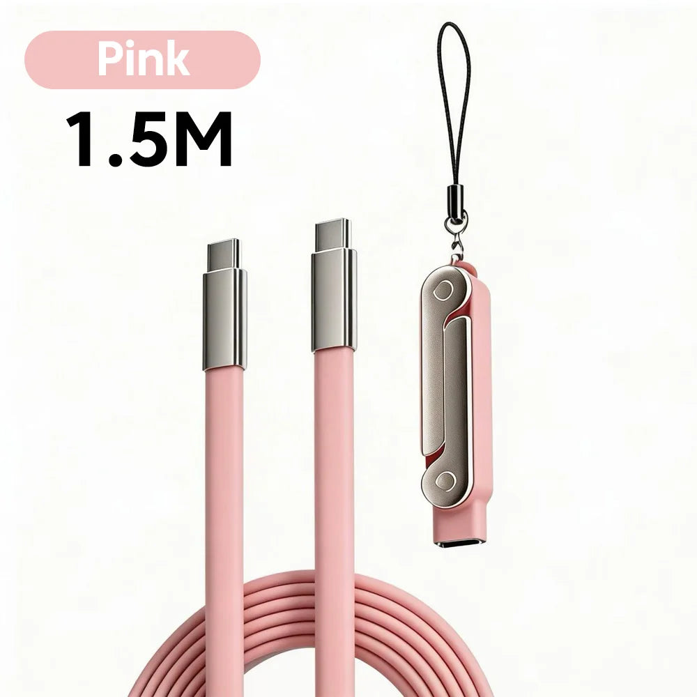 Pink 1.5M fast charging USB-C to USB-C adapter and phone stand with a metal clip.