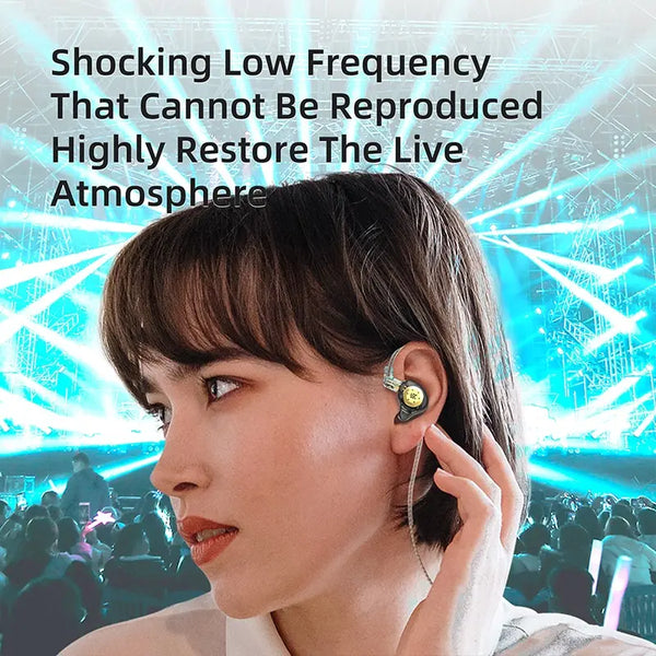 Close-up of a woman wearing KZ EDX PRO Dynamic Earphones while performing on stage.
