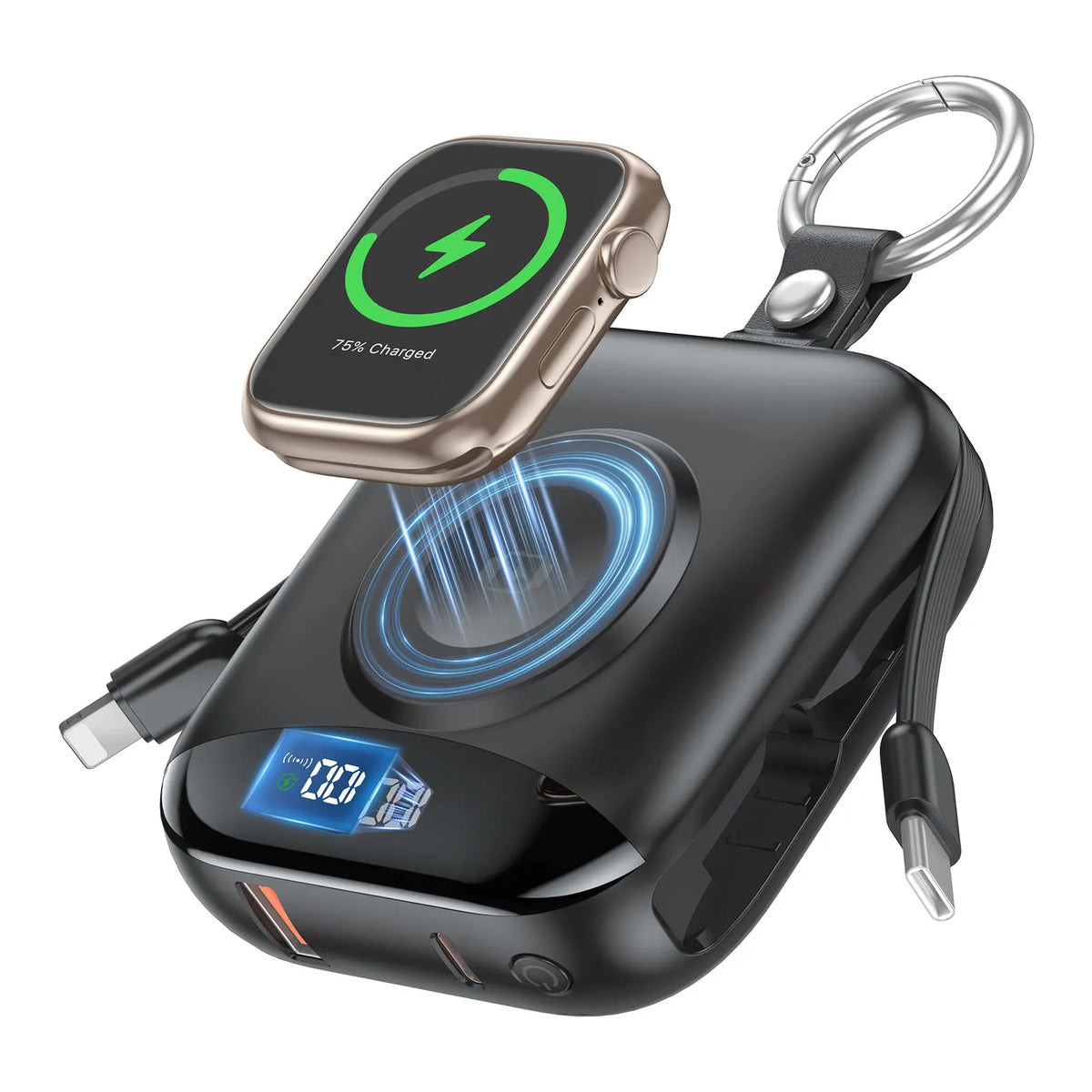 A black portable power bank with a gold-colored charging case and a digital display showing 75% charged.
