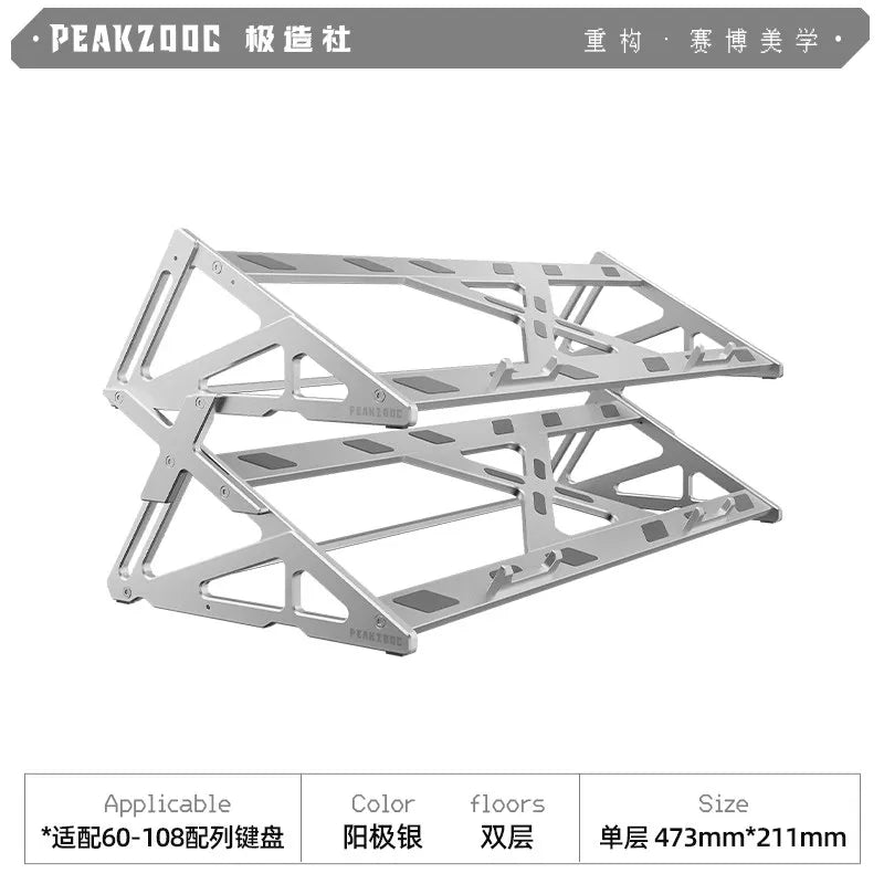 A silver metal keyboard display stand with a sturdy frame designed for mechanical keyboards.