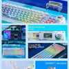 Transparent mechanical keyboard with RGB lighting, wireless features, and hot-swap switches.