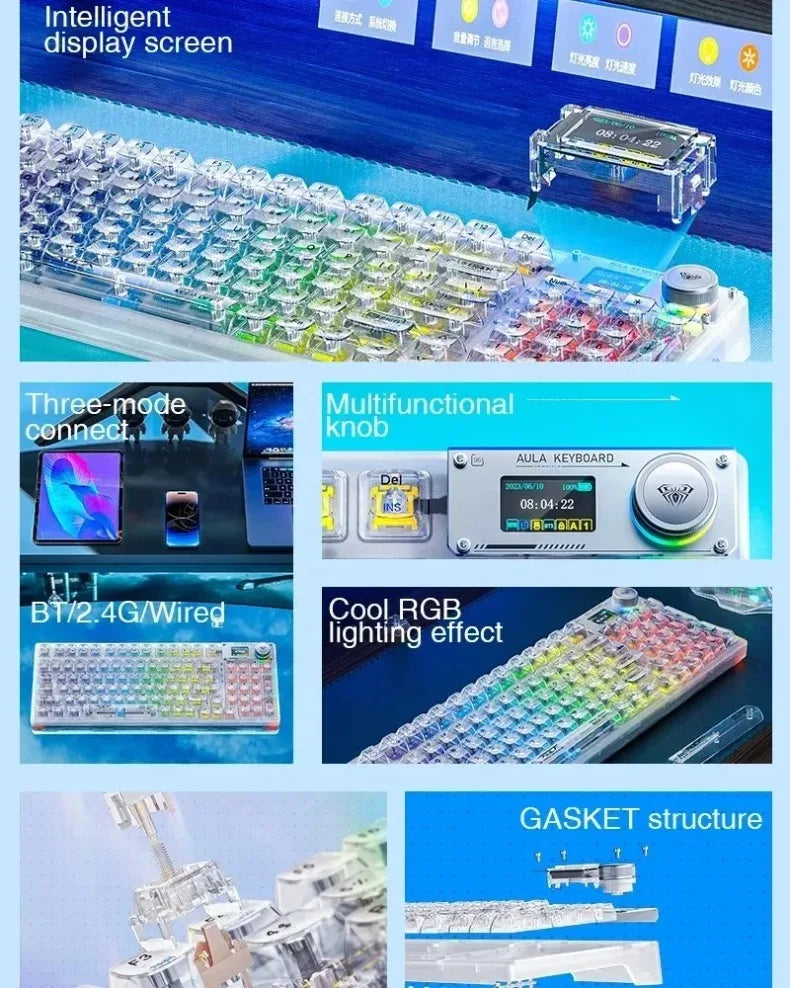 Transparent mechanical keyboard with RGB lighting, wireless features, and hot-swap switches.