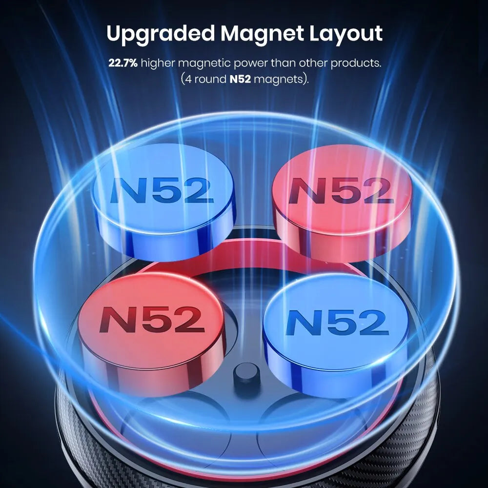 A close-up view of a magnetic car phone mount featuring four N52 magnets arranged in a circular layout.