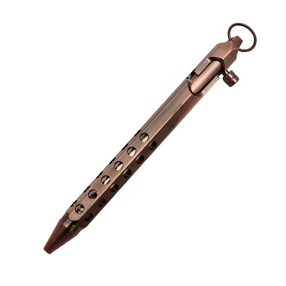 A brass bolt-action ballpoint pen with a textured barrel and metal cap, shown in profile.