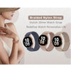 Close-up of a woman wearing a braided nylon watch strap on her wrist with various watch styles displayed below.