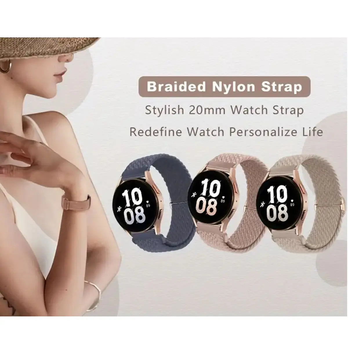 Close-up of a woman wearing a braided nylon watch strap on her wrist with various watch styles displayed below.
