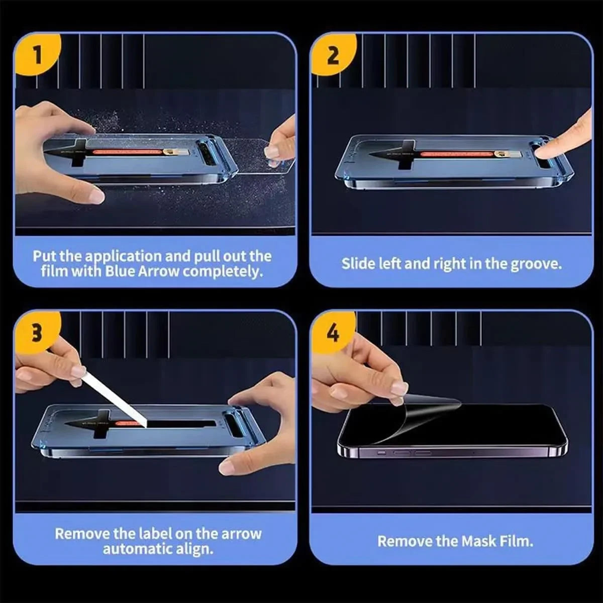Cuatro pasos para aplicar y quitar un protector de pantalla de vidrio templado dual para iPhone 15 Pro Max
