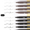 A collection of micro-pen fineliner pens in dark gray and black with various tip sizes, including 0.03, 0.05, 0.1, 0.5, and B