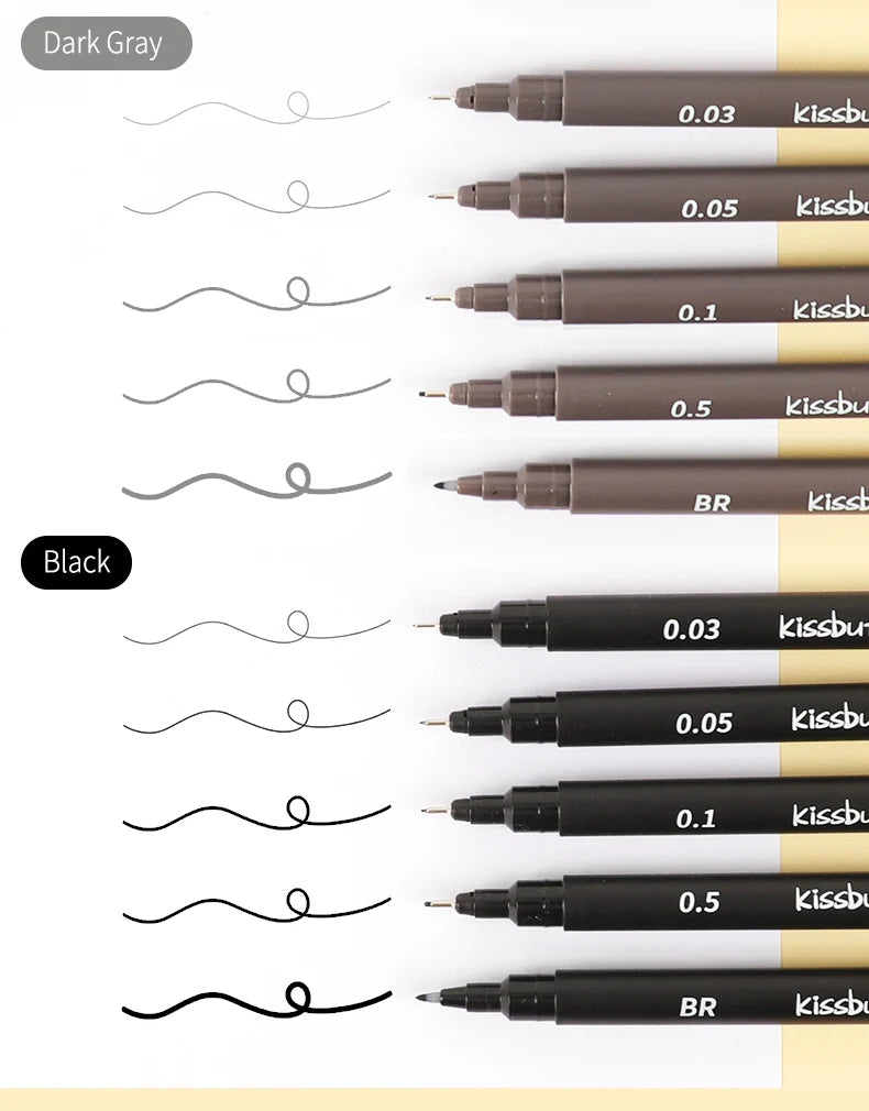 A collection of micro-pen fineliner pens in dark gray and black with various tip sizes, including 0.03, 0.05, 0.1, 0.5, and B