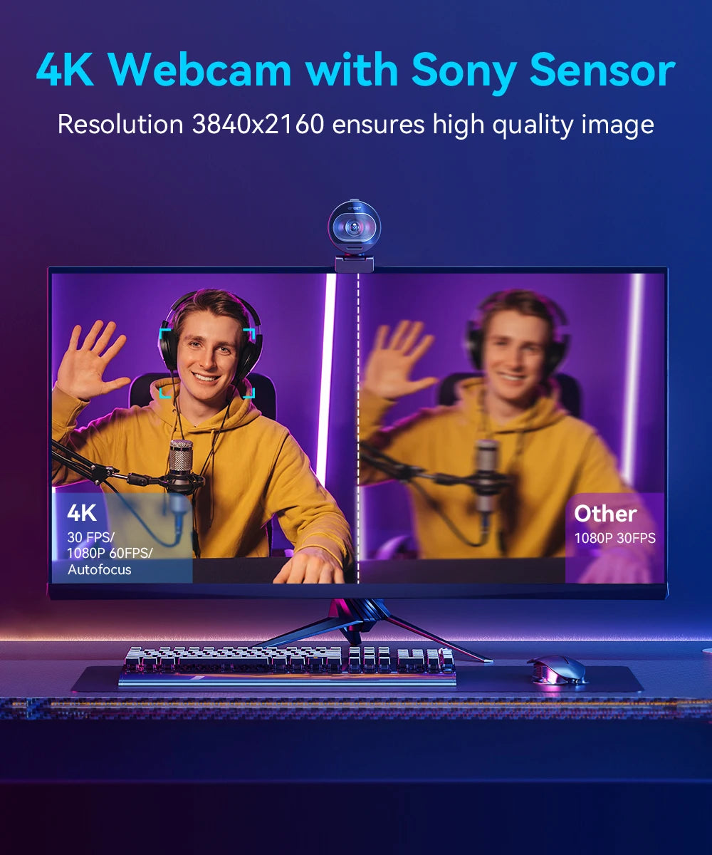 A 4K webcam with a Sony sensor is shown on a computer monitor, displaying two video feeds of a man wearing headphones.