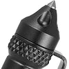A close-up view of a black tactical self-defense pen with a glass breaker tip and textured grip.
